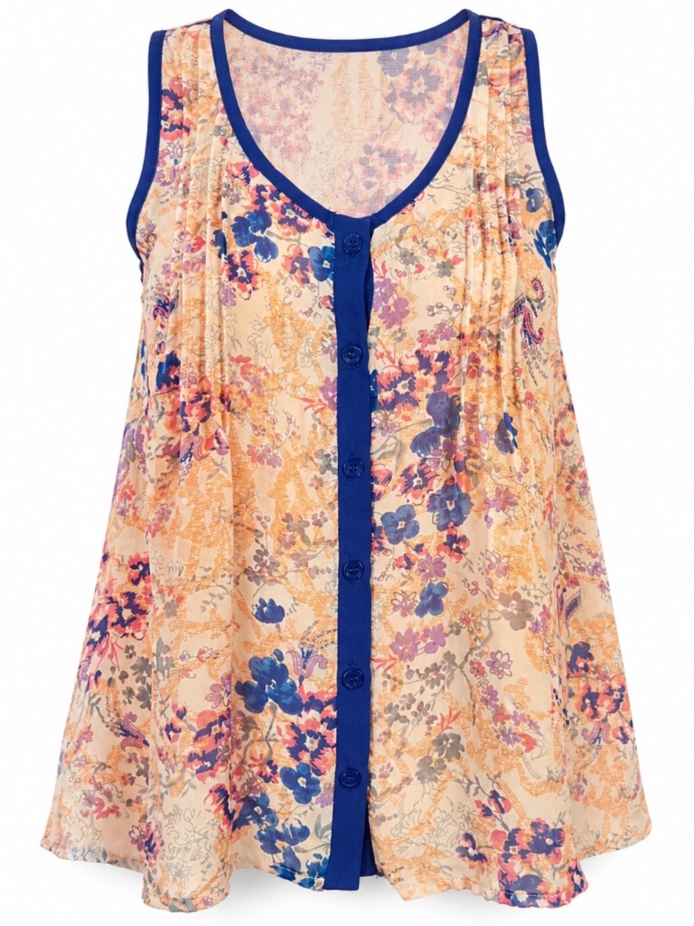 Lush Floral Sleeveless Blouse XS Boho Flowy Tank Blue Peach Top